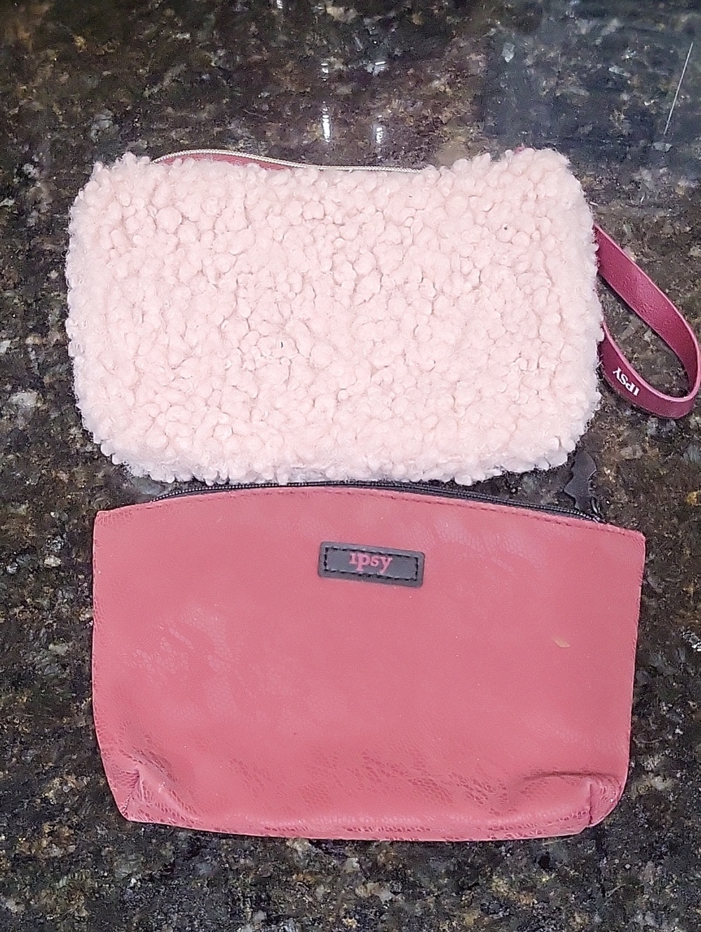 ipsy Pink Faux-Sherpa and Vegan Leather Cosmetic Pouch Duo